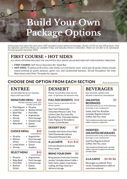 Holiday Private Dining Menus - Houston Area - Build Your Own Packages
