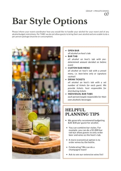 Private Dining Menus Page - Bar Style Options