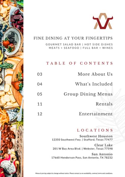Private Dining Menus Page - Table of Contents