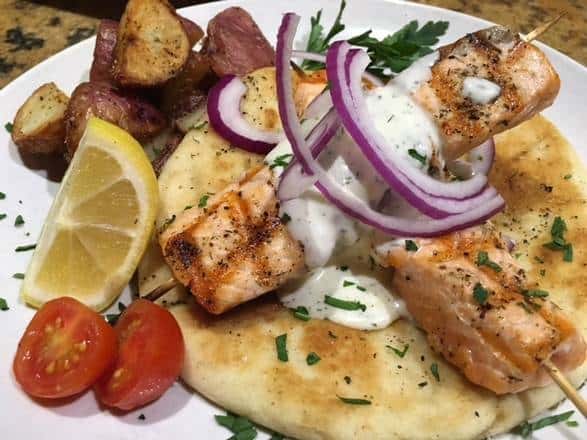 SALMON SOUVLAKI, LUNCH