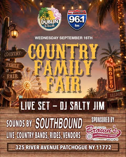 Country nights are back at the Deck 🤠🌴
Join us TONIGHT — Wednesday, September 16th for the Country Family Fair at Dublin Deck!
🎤 Live set from DJ Salty Jim
🎶 Sounds by Southbound
🎡 Live country bands, rides & vendors
🤝 Sponsored by Brown’s Automotive Group
📍 325 River Avenue, Patchogue, NY 11772
Grab the crew and come spend Wednesday night country-style 🌅🎸
#DublinDeck #CountryFamilyFair #CountryNight #Patchogue #LongIslandEvents #Southbound #DJSaltyJim #MyCountry961