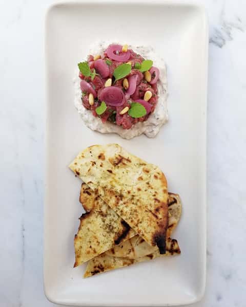 lamb tar tar with raita and flatbread