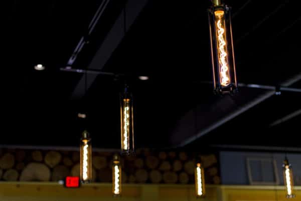 Lights hanging from ceiling in dining room
