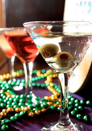 martini with olives and mardi gras beads