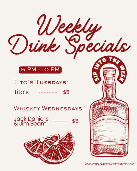 Your week just got better! 🥃🍸 Join us for Weekly Drink Specials:
🍸 Tito's Tuesdays: $5 Tito's
🥃 Whiskey Wednesdays: $5 Jack Daniel's & Jim Beam
Available 5–10 PM. Cheers to midweek specials!
#WeeklyDrinkSpecials #TitosTuesday #WhiskeyWednesday