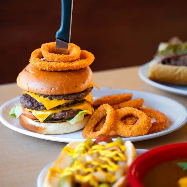 burger with onion rings