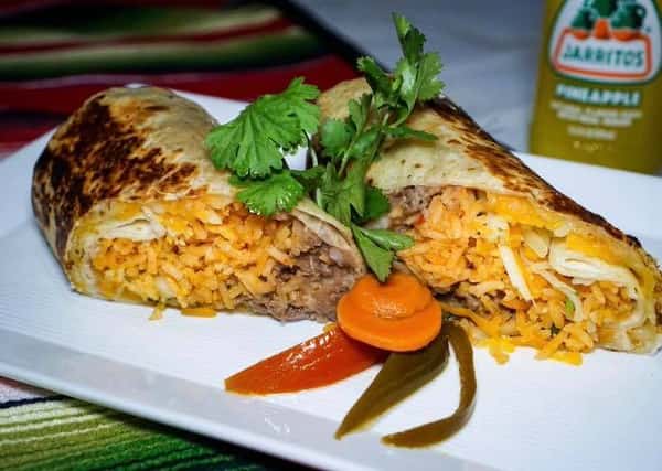 pressed burrito with rice, ground beef and cheese