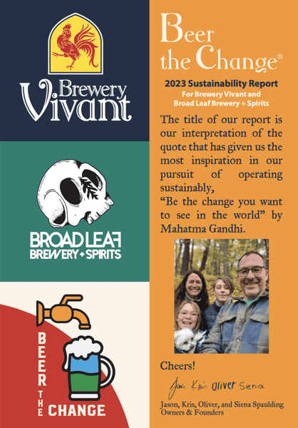 Brewery Vivant Beer the Change® 2023 Sustainability Report For Brewery Vivant and Broad Leaf Brewery + Spirits The title of our report is our interpretation of the quote that has given us the most inspiration in our pursuit of operating BROAD LEAT BREWERY+SPIRITS sustainably, "Be the change you want to see in the world" by Mahatma Gandhi. BEERTIW Ě CHANGE Cheers! Jane Kris Oliver Siena Jason, Kris, Oliver, and Siena Spaulding Owners & Founders
