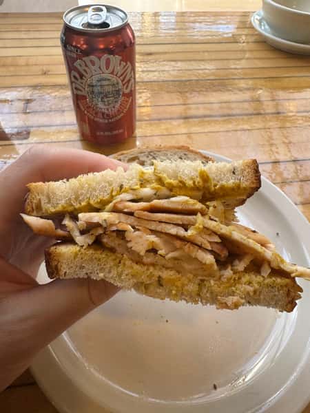 A hand holding a sandwich filled with sliced turkey, mustard, and served on toasted white bread, with a can of Dr. Brown's soda in the background.