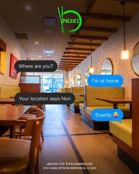 Home isn’t always a place… sometimes it’s your favorite table at NORI. 🥢💚
The familiar faces, your go-to order, the cozy atmosphere, and the feeling of being exactly where you want to be. Come hungry. Make yourself at home. See you at NORI Thai & Sushi!
Your table is waiting at NORI Thai & Sushi! 🥢
📍 4704 Cahaba River Rd, Birmingham, AL 35243 | 📞 (205) 970-7570
📲 Order online today at www.inorified.com and save 10%.
#NORIThai #NORI #FeelsLikeHome #BirminghamEats #BirminghamFoodie #BirminghamRestaurants #GoodFoodGoodVibes