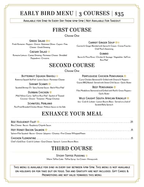 Early Bird Menu