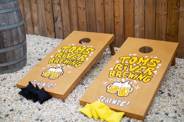 Corn hole boards in the Beer Garden 