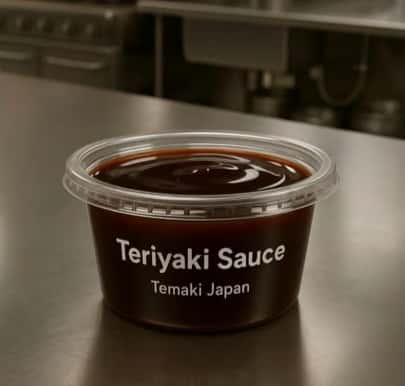 Teriyaki sauce in a takeaway container, perfect for sushi, rice bowls, and Asian-inspired dishes