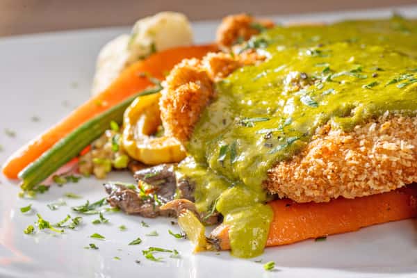 Crispy Jidori Chicken Schnitzel with Maitake Mushrooms