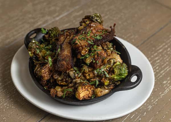 Cast Iron Roasted Brussels Sprouts, Romanesco Cauliflower and Kurobuta Pork Belly