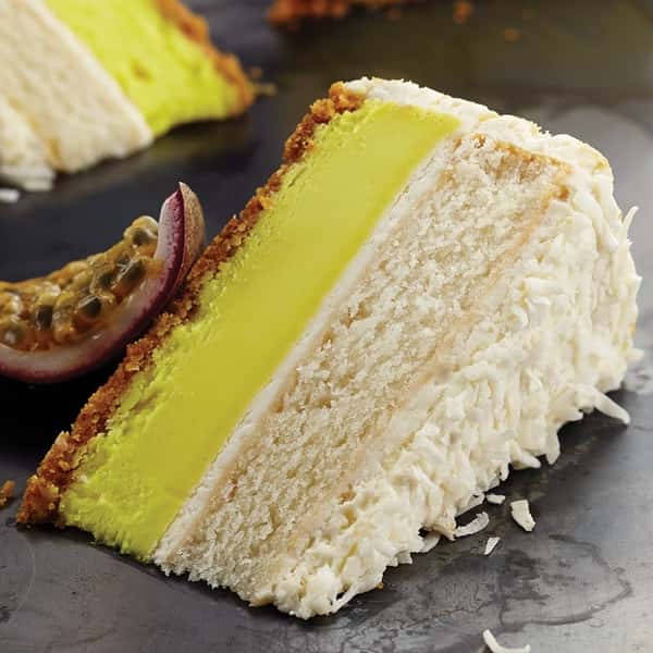 PASSION FRUIT LAYERED CHEESECAKE WITH FAIR TRADE COCONUT