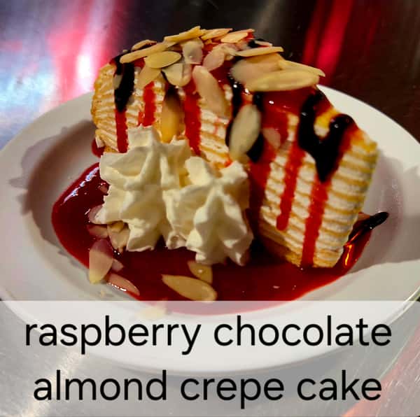 Raspberry Chocolate Almond Crêpe Cake