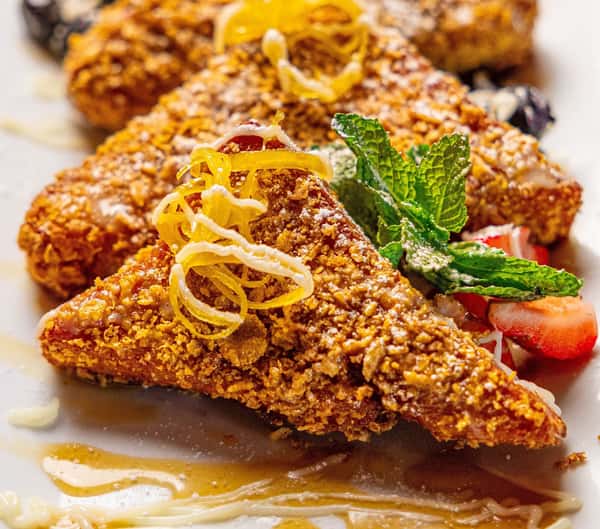 Crispy brioche French toast with lavender syrup at Prohibition brunch in Murray Utah