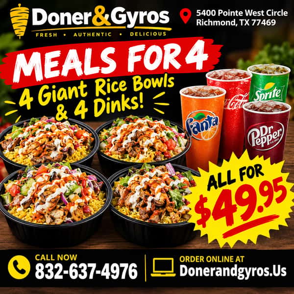 4 rice bowls with 4 drinks