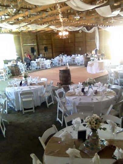 tables and chairs inside a barn