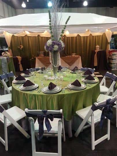 our booth at the 2014 bridal expo. 10x20 tent, dance floor, linens, centerpieces. decor, etc