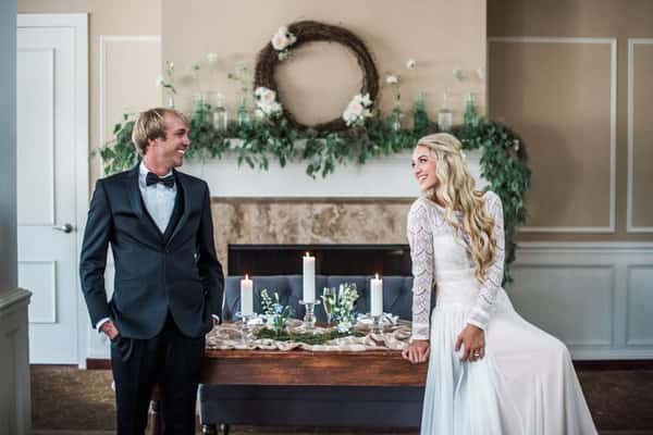 Smiling bride and groom