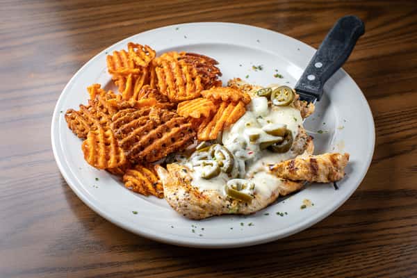 chicken with sauce and fries