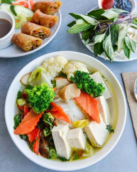 Tofu Noodle Soup & Veggie Egg Rolls