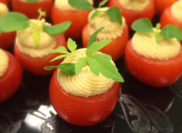 Red Pepper Hummus Stuffed Cherry Tomatoes