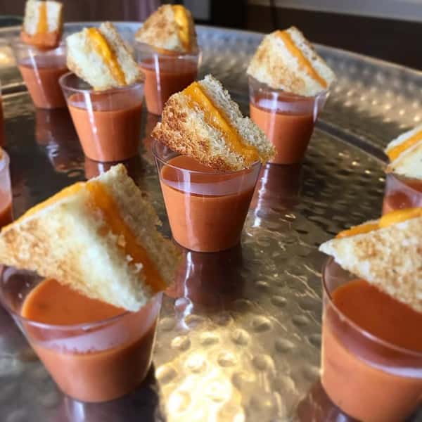 Tomato Bisque Shooters with Bacon Cheddar Croutons