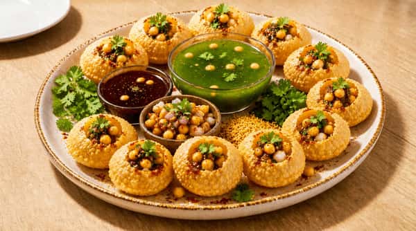 Traditional pani puri platter with crispy puris, spiced chickpea filling, and tangy mint water at Chaat Diner, a pure vegetarian Indian restaurant in San Francisco.