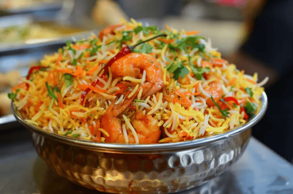 Soya Shrimp Biryani w/ Raita & Curry Sauce (vegan)