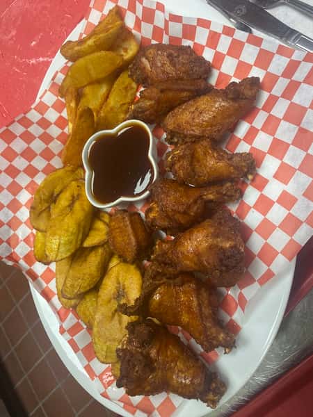 Faaji Chicken Wings, Plantain and Potato Wedges