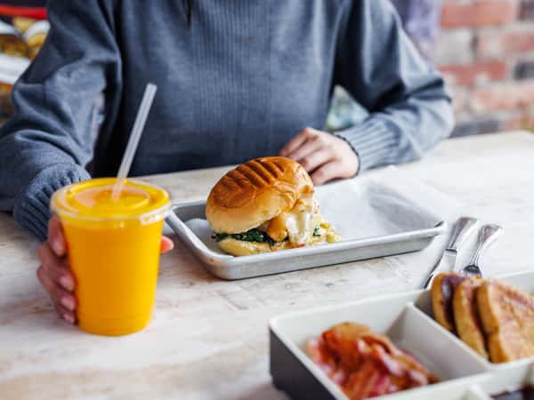 breakfast sandwich and mangolassi