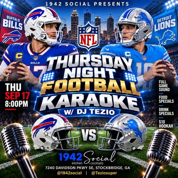 Word to Big Sean..it's DETROIT vs Buffalo tonight. Come for dinner & Karaoke, stay for the Game. @teziosuper keeping us going tonight. Make plans to watch all the biggest games in the Blue Room at @1942social this season. Football Lives Here