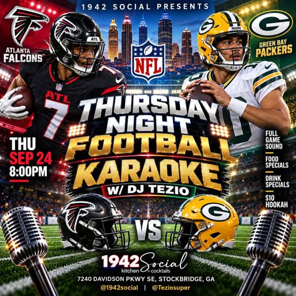 Thursday Night We WATCH PARTY!!! Falcons vs Packers on Thursday night Primetime. Best Watch Party in the city is with us at @1942social with a Karaoke Halftime show w/ @teziosuper. Amazing food and a bar NOT Bar Food!!