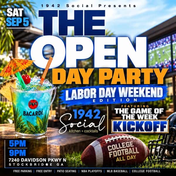 Labor day weekend in full swing now!! "The Open" Day party w/ @epicwhatitdo Featuring the BIG Game at 7:30pm

-"Social Saturdaze" tonight, Football continues but this is the Big Virgo Party in the #Blueroom w/ @djpt8
