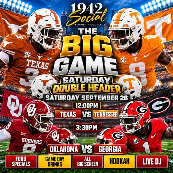 Big Game Saturday starts Early tomorrow! Come in for Texas vs Tennesse at noon followed by the Dawgs vs Oklahoma at 3:30!! Its college Football Saturday