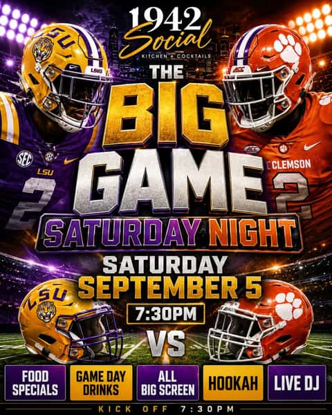 @1942social the Season Starts here!!! The all New @1942social #BlueRoom experience. All your college football needs, multiple screens, great gameday  food and entertainment on a Saturday!!! College Football All Day from Brunch to the Late Party! Patron Specials all month and this Saturday Night "Game of the Week" LSU vs Clemson so calling all South Carolina and Louisiana #1942Socialites come enjoy the big game
