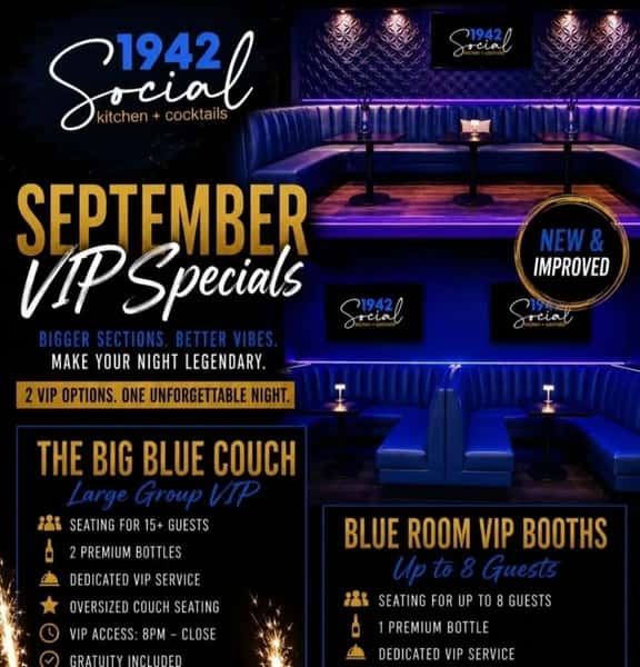 You asked about VIP and reserved sections. We're going to have #!TheBlueRoom @1942social Jumping all Labor day Weekend. Make us your destination, different experiences every night. Same Great Food and Amazing drinks. Come for the food, stay for game & Entertainment!!!