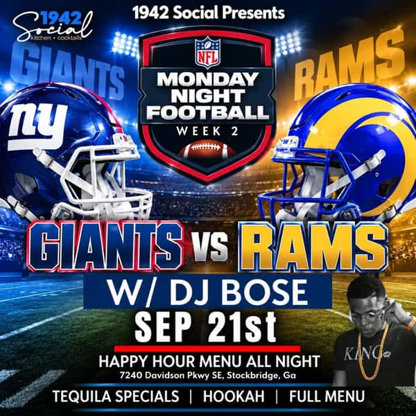 Hey lets start a tradition...YOU meet Us at @1942social for Monday Night Sports..starting with Monday Night Football tonight Rams vs Giants!!! Who will bring the biggest crew?! Perfect for Weekday BDay Celebrations