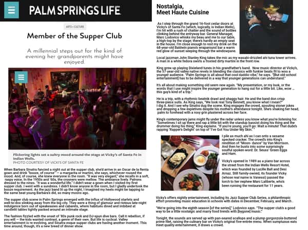 photo of the printed article in Palm Springs Life October 2016 issue by Emily Chavis that contains 3 photographs with in the article top photo crowed dance floor at Vickys' photo of 2 raised martini cocktails raised up in a toast, and photo of dinner steak, potatoes and vegetables with glass of wine on table