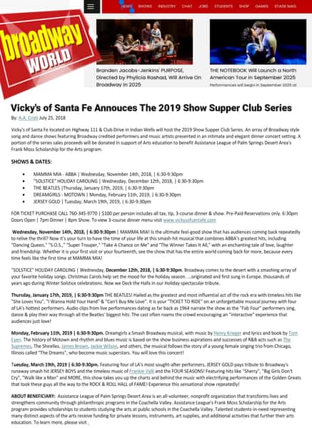 Photo of printed piece from Broadway.com there are 4 accompanying photos of various stage productions on Broadway article on the 2019 supper club