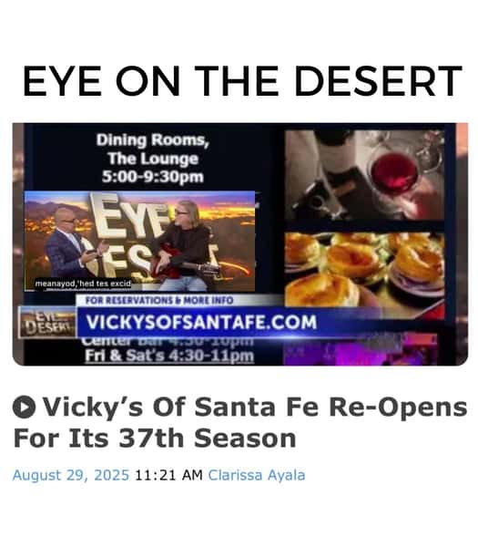 Photo video thumbnail of Eye on the desert set with Patrick Evans host and guest. John Stanley King discussing the live music program at Vicky's of Santa Fe and Start of the 37th Season.