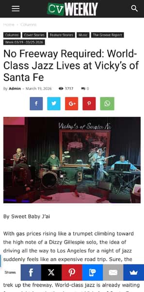 Photo of CV Weekly news paper article that reads No Freeways Required World Class Jazz at Vickys of Santa Fe