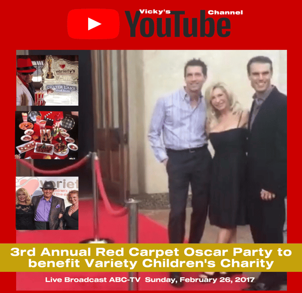 thumbnail to video cover 3rd Annual Red Carpet Oscar Party | Variety Children's Charity with the You Tube Channel logo contains 4 separate photos as follows, 3 people standing on red carpet with red velvet ropes, ice sculpture for cocktails with 1 man forefront, buffet spread of food, 3 people stand and repeat photos