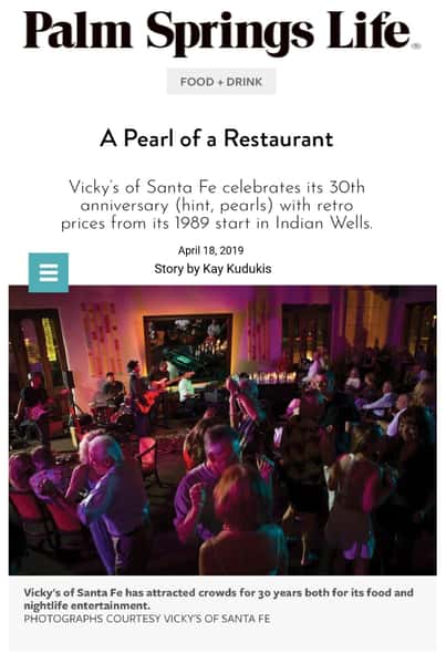 The thumbnail of Palm Springs Life article that covers Vicky's 30th anniversary with a history timeline from the start in 1989 to present contain several photos in published piece.