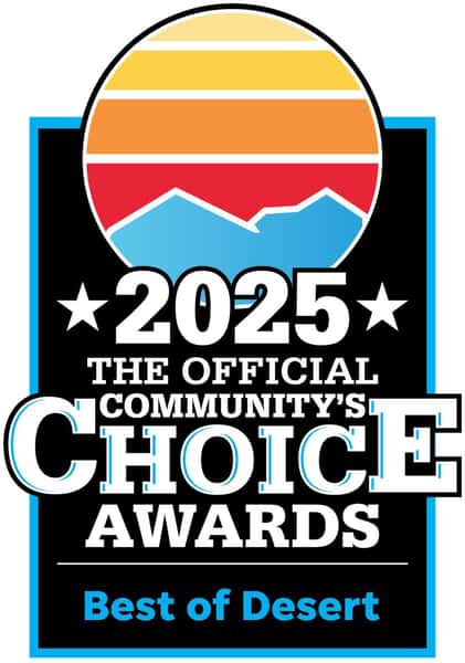Desert Sun Newspaper 2025 Community Choice Awards logo graphic red, yellow Sunshapeon blue background