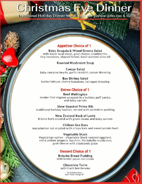 photo of Special Christmas Eve Dinner Menu on a holiday setting table menu items listed $80 pp