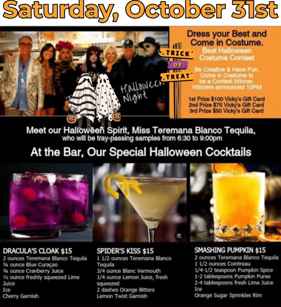flyer of costume contest and contest rules and prizes and 3 halloween cocktails with recipe under each photo of cocktail